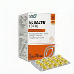 Box of Equazen Forte supplements with yellow capsules on a white background